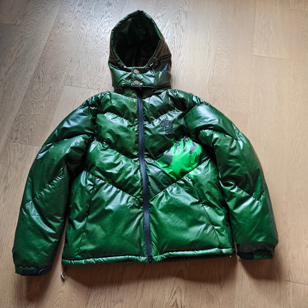 Hooded Glossy Puffer Jacket – Green - draft