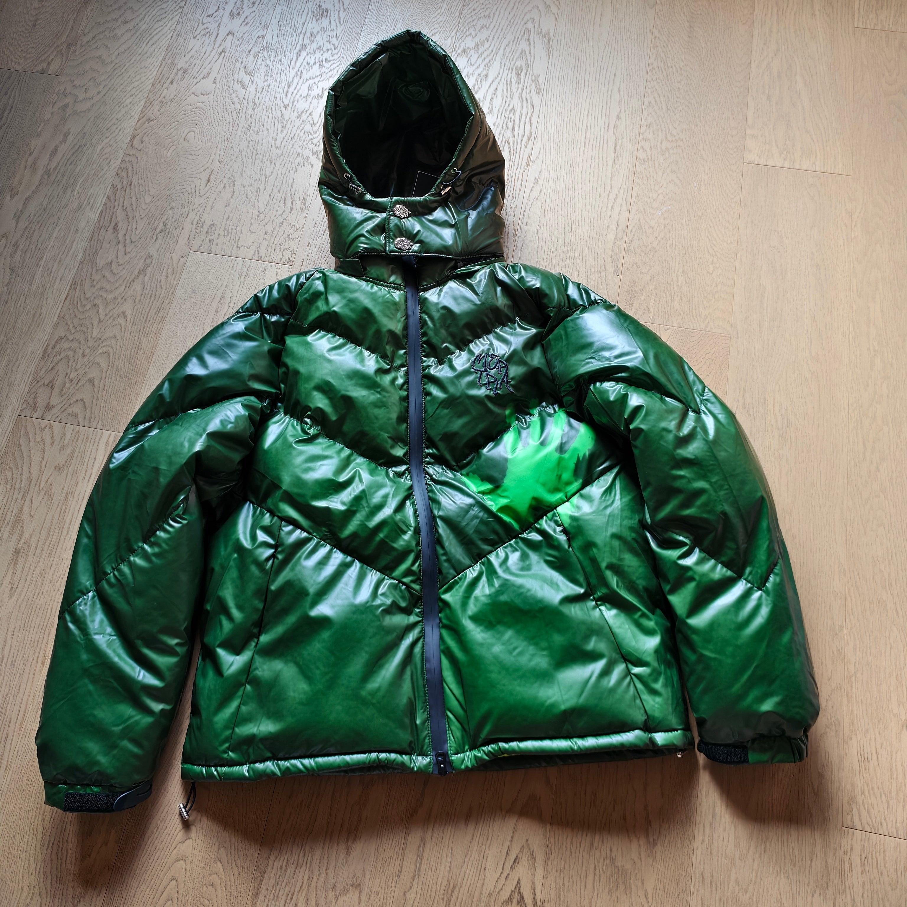 Hooded Glossy Puffer Jacket – Green - draft