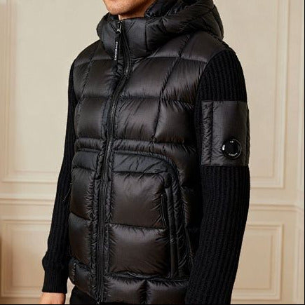 Hooded Puffer Jacket with Knit Sleeves - draft