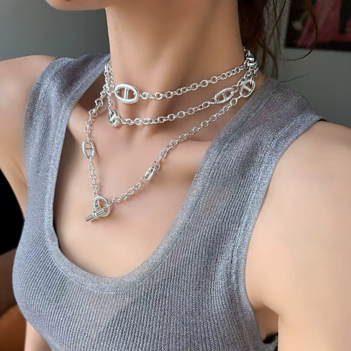 Layered Silver Chain Choker Necklace - draft