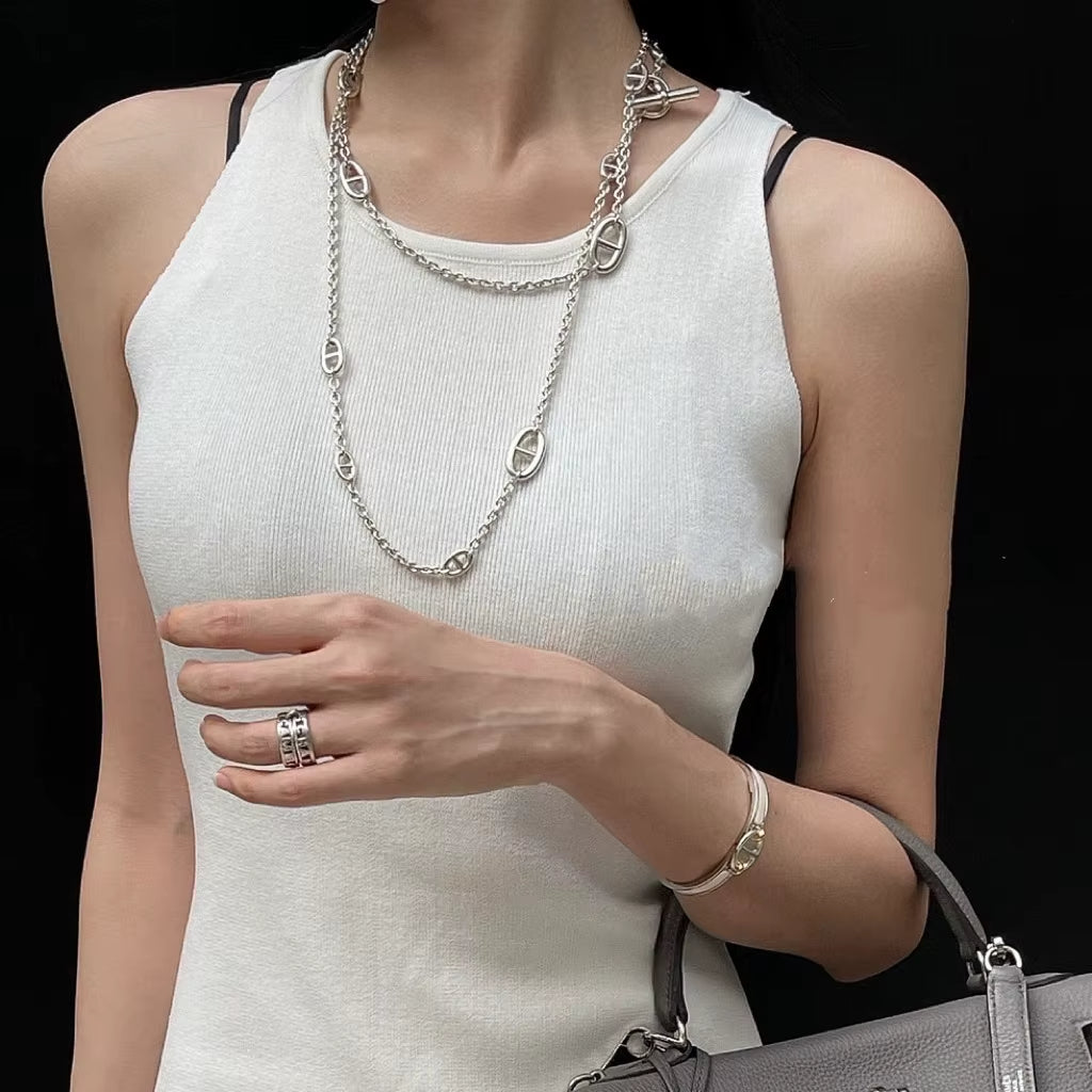 Layered Silver Chain Choker Necklace - draft