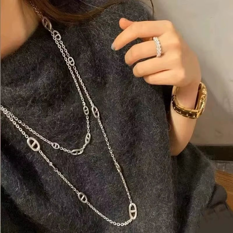 Layered Silver Chain Choker Necklace - draft