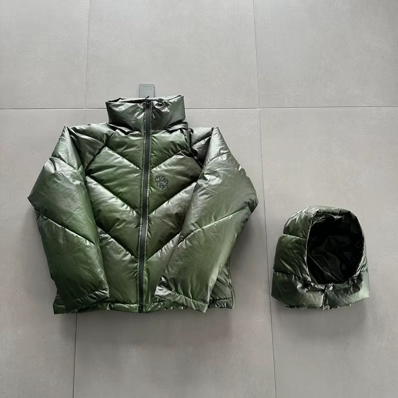 Hooded Glossy Puffer Jacket – Green - draft