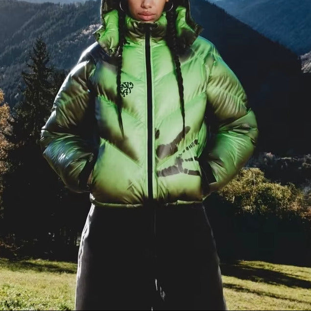 Hooded Glossy Puffer Jacket – Green - draft