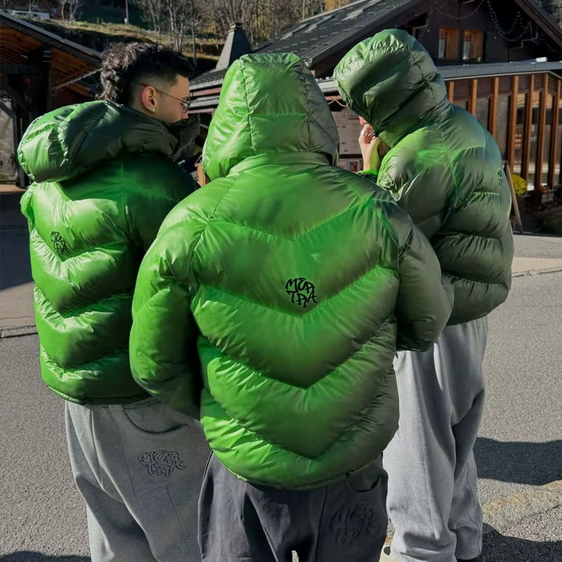 Hooded Glossy Puffer Jacket – Green - draft