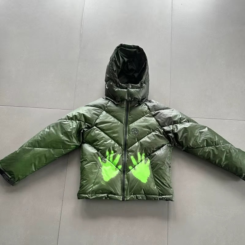 Hooded Glossy Puffer Jacket – Green - draft