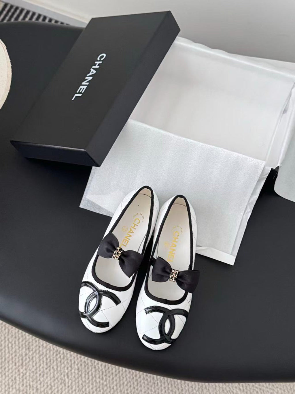 Black/White Quilted Leather Cambon Ballet Flats