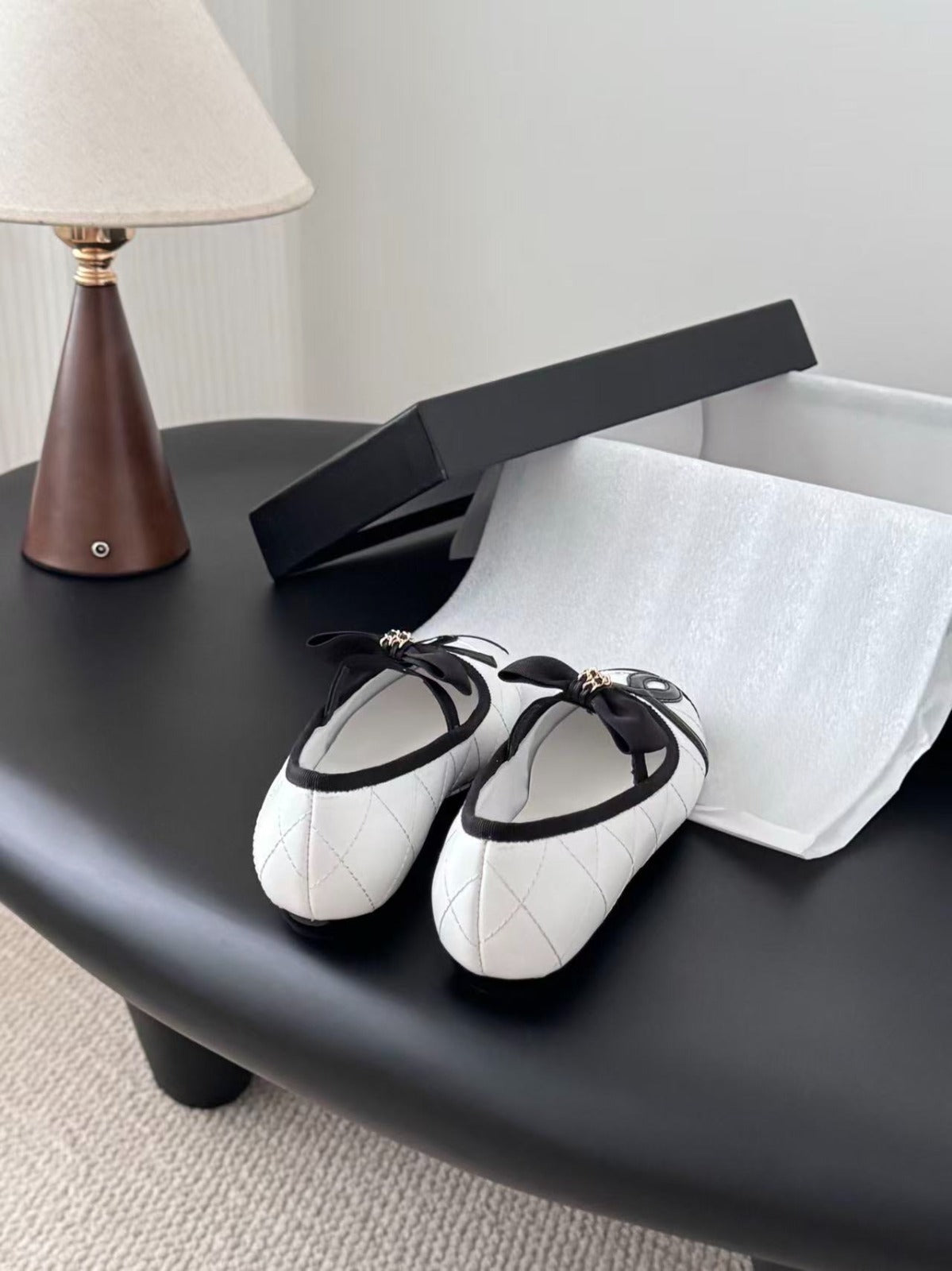 Black/White Quilted Leather Cambon Ballet Flats