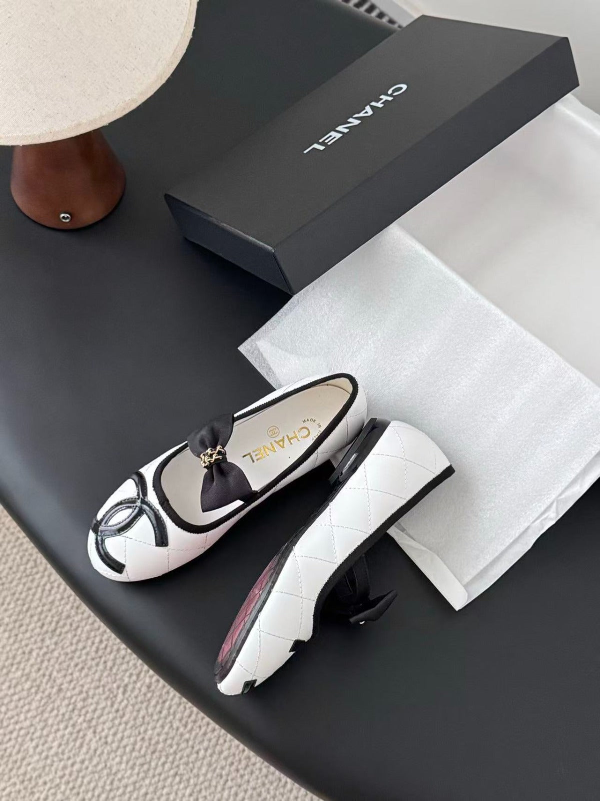 Black/White Quilted Leather Cambon Ballet Flats