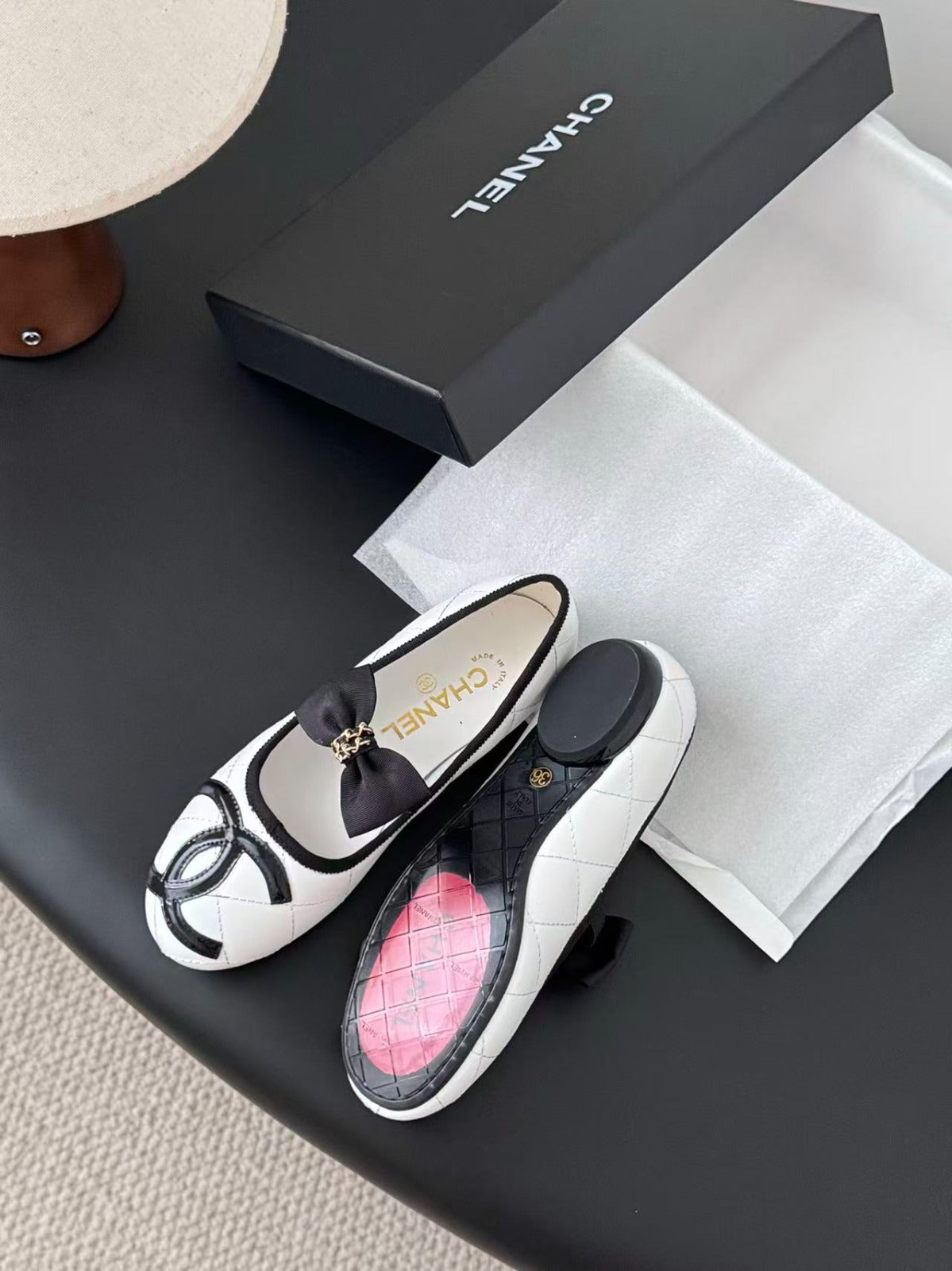 Black/White Quilted Leather Cambon Ballet Flats