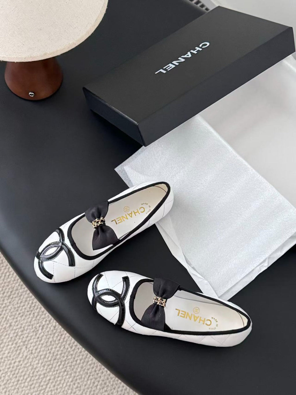 Black/White Quilted Leather Cambon Ballet Flats