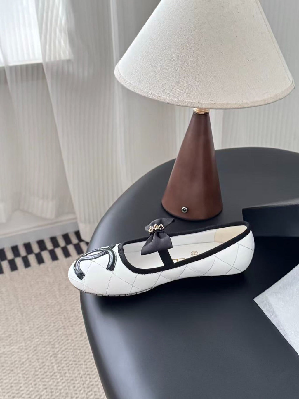 Black/White Quilted Leather Cambon Ballet Flats